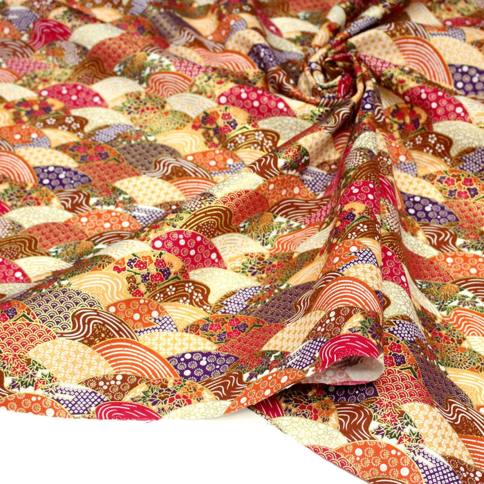 Tissu cotonnade aux écailles, éventails et motifs japonais multicolores - COLLECTION JAPON DORÉ - TissusPapi.com
