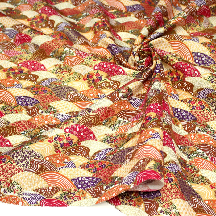 Tissu cotonnade aux écailles, éventails et motifs japonais multicolores - COLLECTION JAPON DORÉ - TissusPapi.com