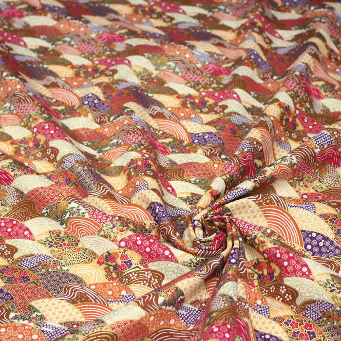 Tissu cotonnade aux écailles, éventails et motifs japonais multicolores - COLLECTION JAPON DORÉ - TissusPapi.com