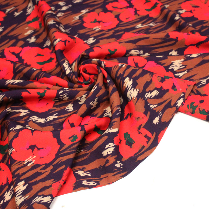 Tissu Viscose fluide violet marron aux fleurs rouges, AMAYA - STANDARD 100 OEKO-TEX