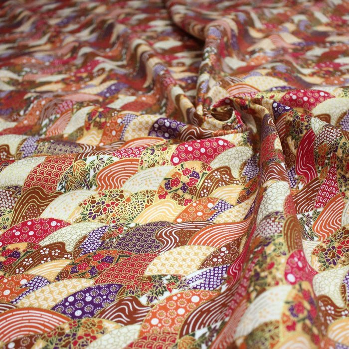 Tissu cotonnade aux écailles, éventails et motifs japonais multicolores - COLLECTION JAPON DORÉ - TissusPapi.com