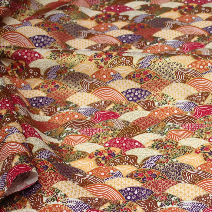 Tissu cotonnade aux écailles, éventails et motifs japonais multicolores - COLLECTION JAPON DORÉ - TissusPapi.com