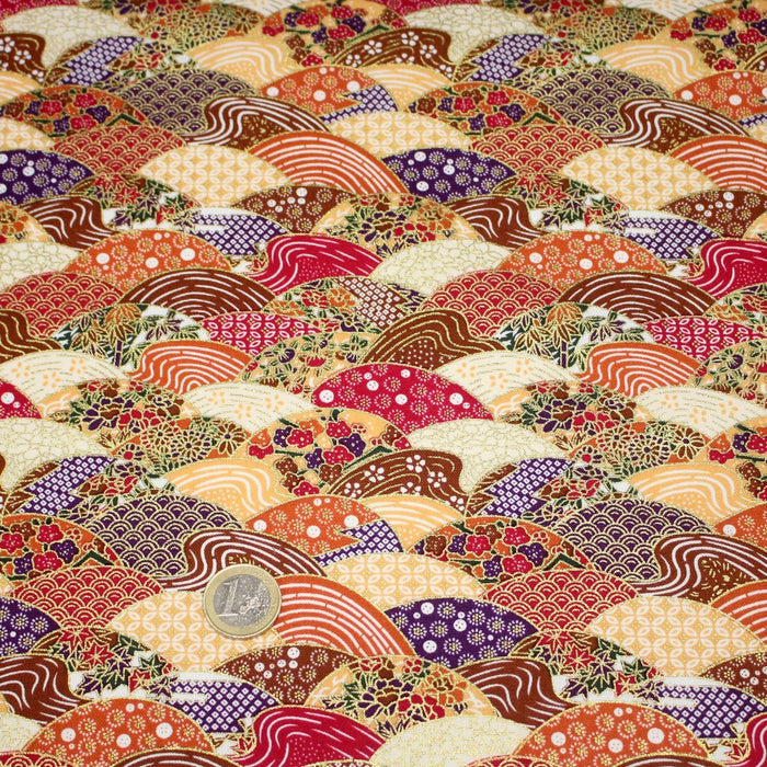 Tissu cotonnade aux écailles, éventails et motifs japonais multicolores - COLLECTION JAPON DORÉ - TissusPapi.com