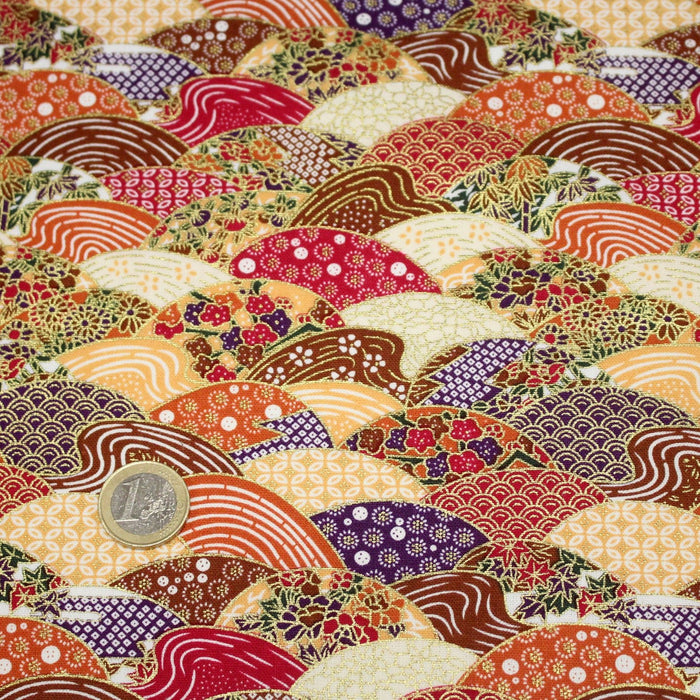 Tissu cotonnade aux écailles, éventails et motifs japonais multicolores - COLLECTION JAPON DORÉ - TissusPapi.com