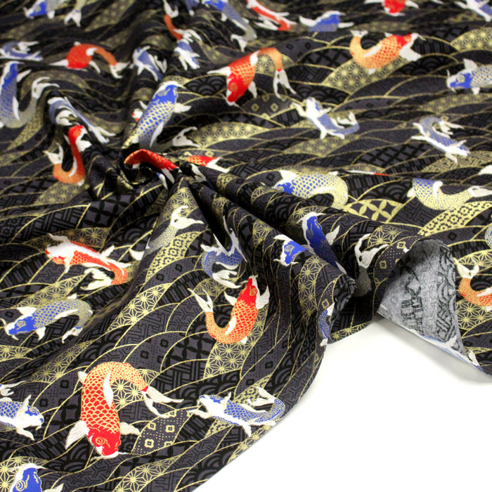 Tissu cotonnade motif japonais carpes koï dorées, fond anthracite - COLLECTION JAPON DORÉ - TissusPapi.com