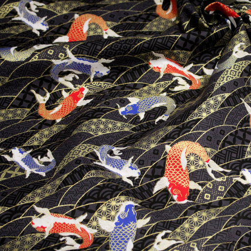 Tissu cotonnade motif japonais carpes koï dorées, fond anthracite - COLLECTION JAPON DORÉ - TissusPapi.com