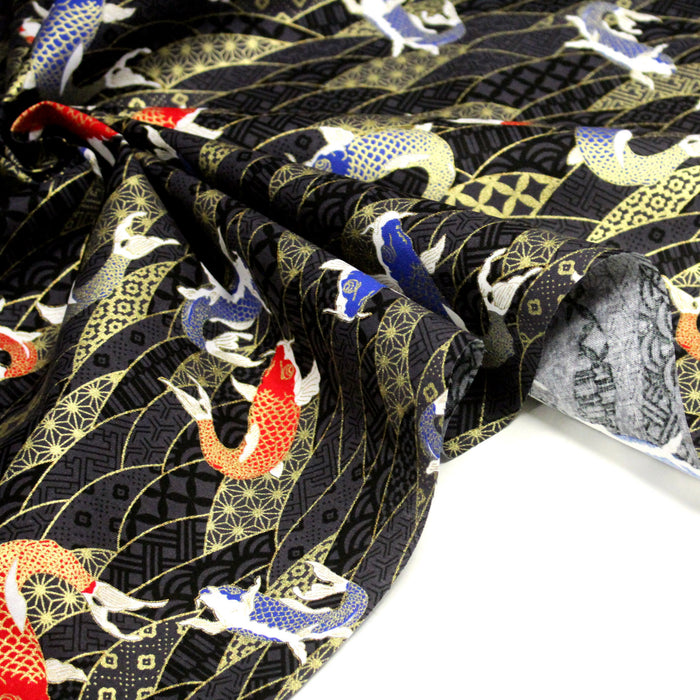 Tissu cotonnade motif japonais carpes koï dorées, fond anthracite - COLLECTION JAPON DORÉ - TissusPapi.com