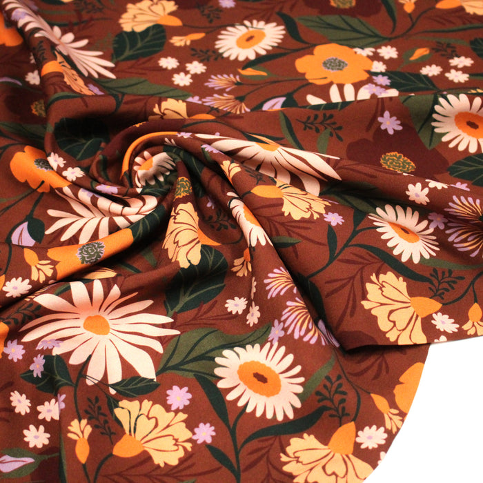 Tissu Viscose fluide marron, fleurs d'automne oranges & roses, MORICETTE - STANDARD 100 OEKO-TEX