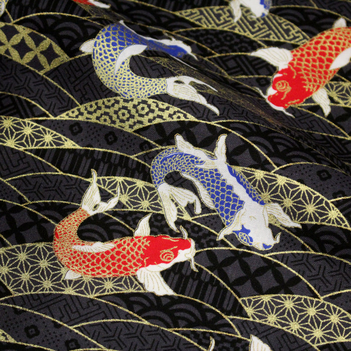 Tissu cotonnade motif japonais carpes koï dorées, fond anthracite - COLLECTION JAPON DORÉ - TissusPapi.com