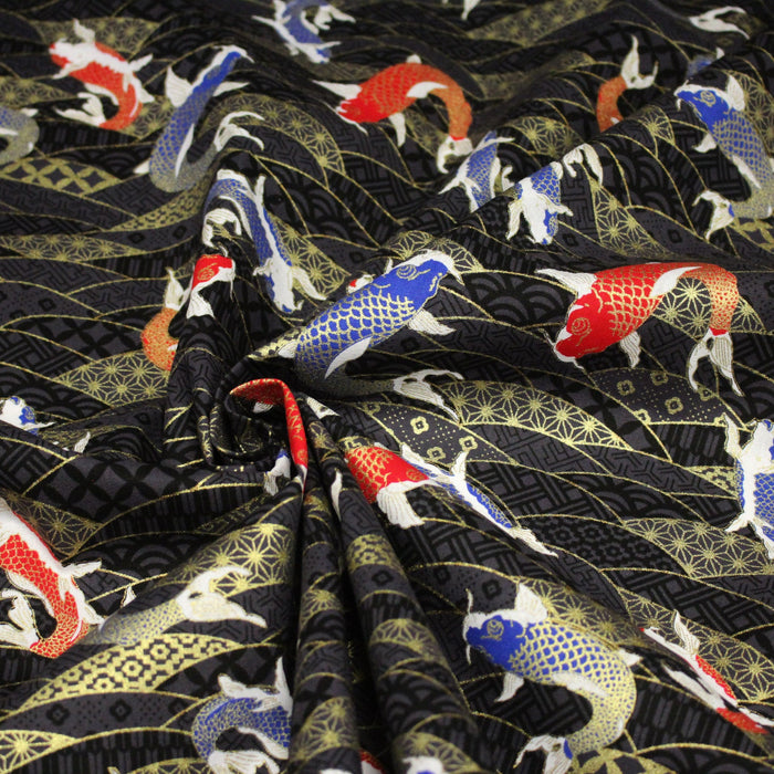 Tissu cotonnade motif japonais carpes koï dorées, fond anthracite - COLLECTION JAPON DORÉ - TissusPapi.com