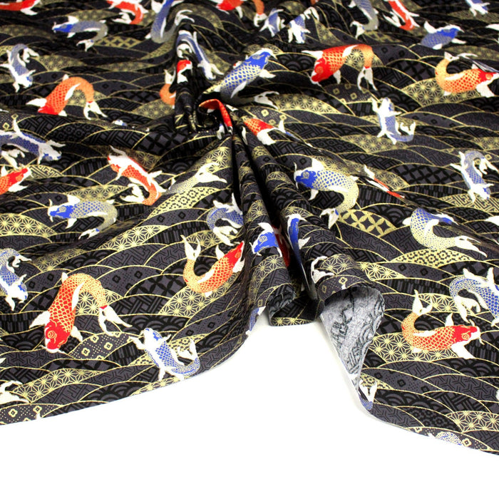 Tissu cotonnade motif japonais carpes koï dorées, fond anthracite - COLLECTION JAPON DORÉ - TissusPapi.com