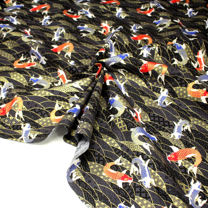 Tissu cotonnade motif japonais carpes koï dorées, fond anthracite - COLLECTION JAPON DORÉ - TissusPapi.com