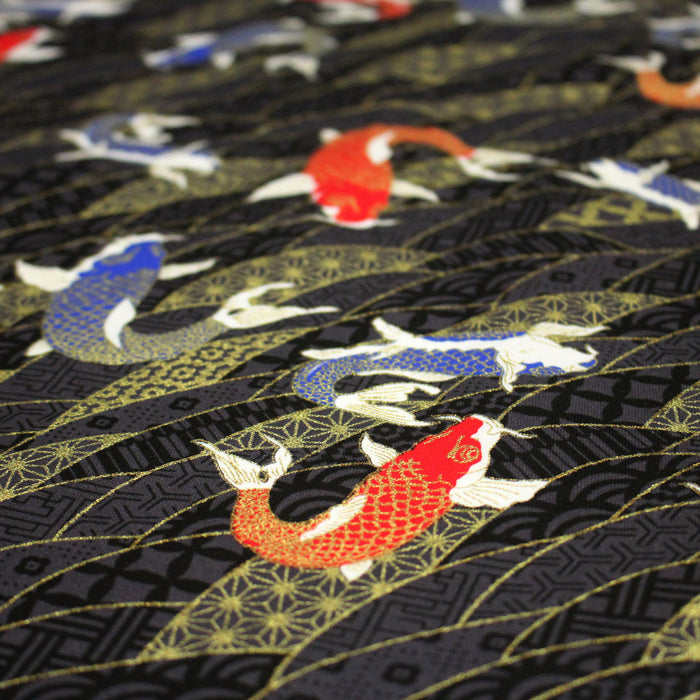Tissu cotonnade motif japonais carpes koï dorées, fond anthracite - COLLECTION JAPON DORÉ - TissusPapi.com