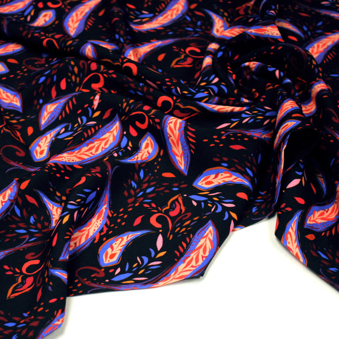 Tissu Viscose fluide noir, motifs cachemire rouge et bleus modernes, NINI - STANDARD 100 OEKO-TEX