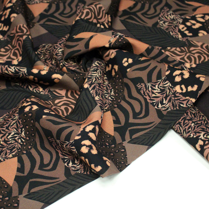 Tissu Viscose fluide motifs géométriques, taupe, noir et chocolat, KAROO - STANDARD 100 OEKO-TEX