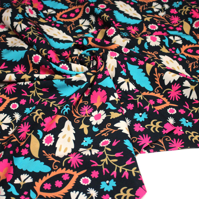 Tissu Viscose fluide noir, fleuri rose canard rouille écru, ALIO - STANDARD 100 OEKO-TEX