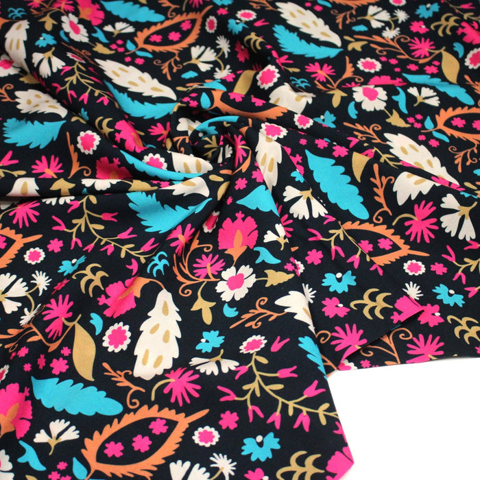 Tissu Viscose fluide noir, fleuri rose canard rouille écru, ALIO - STANDARD 100 OEKO - TEX - TissusPapi.com