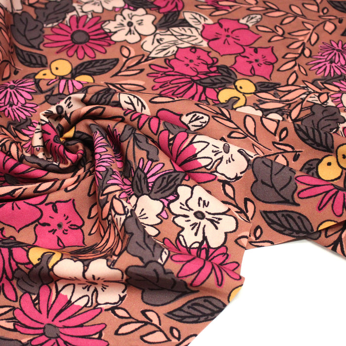 Tissu Viscose fluide, fleurs dessinées roses corail jaune, SONJA - STANDARD 100 OEKO-TEX