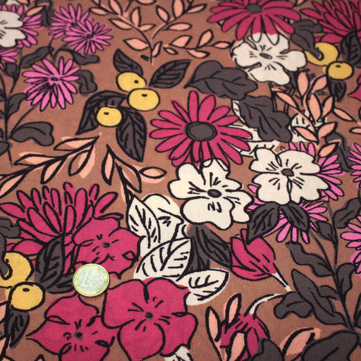 Tissu Viscose fluide, fleurs dessinées roses corail jaune, SONJA - STANDARD 100 OEKO - TEX - TissusPapi.com