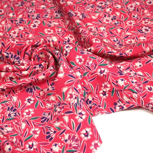 Tissu Viscose fluide fuchsia, fines fleurs blanches et violettes, GALBIA - STANDARD 100 OEKO - TEX - TissusPapi.com