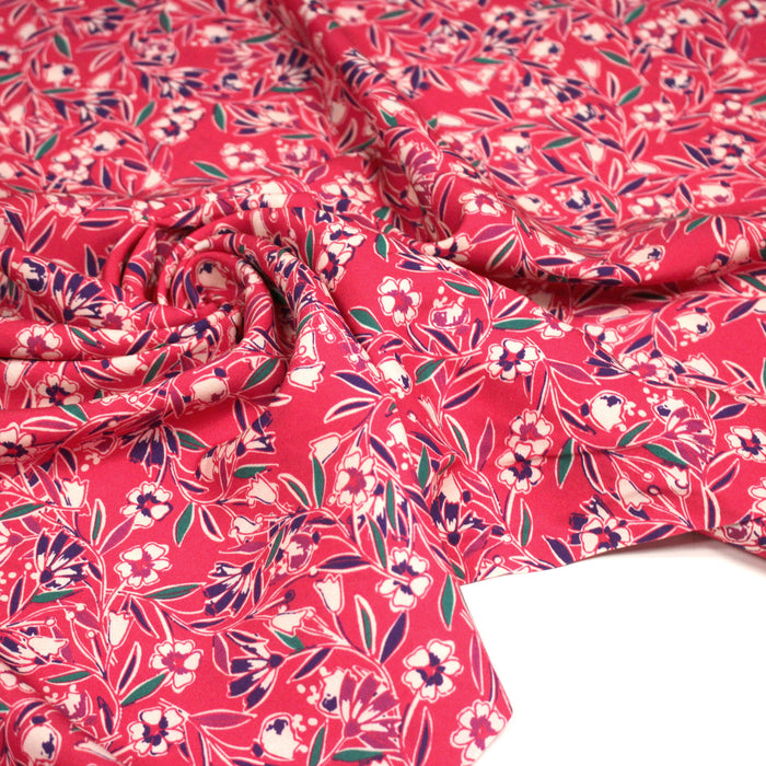 Tissu Viscose fluide fuchsia, fines fleurs blanches et violettes, GALBIA - STANDARD 100 OEKO-TEX