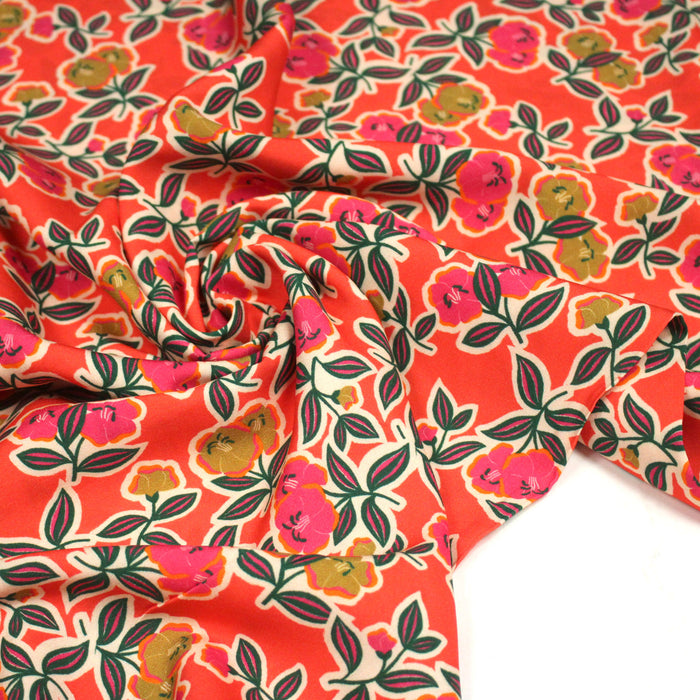 Tissu Viscose fluide corail, fleuri vert et rose, écru, GALBIA - STANDARD 100 OEKO-TEX
