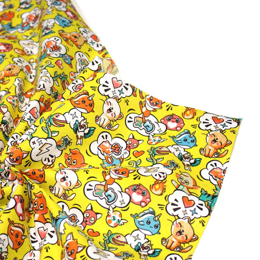 Tissu cotonnade KAWAII aux animaux souriants, fond jaune - OEKO - TEX - TissusPapi.com