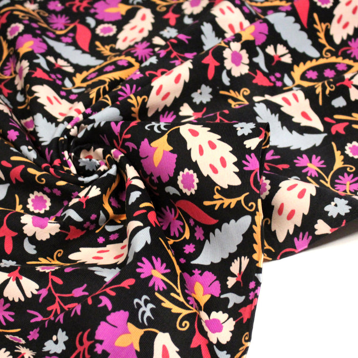 Tissu velours milleraies imprimé noir aux fleurs roses oranges - STANDARD 100 OEKO-TEX