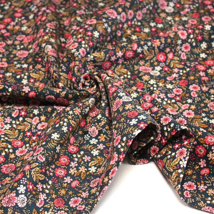 Tissu velours milleraies imprimé canard aux fines fleurs roses - STANDARD 100 OEKO-TEX