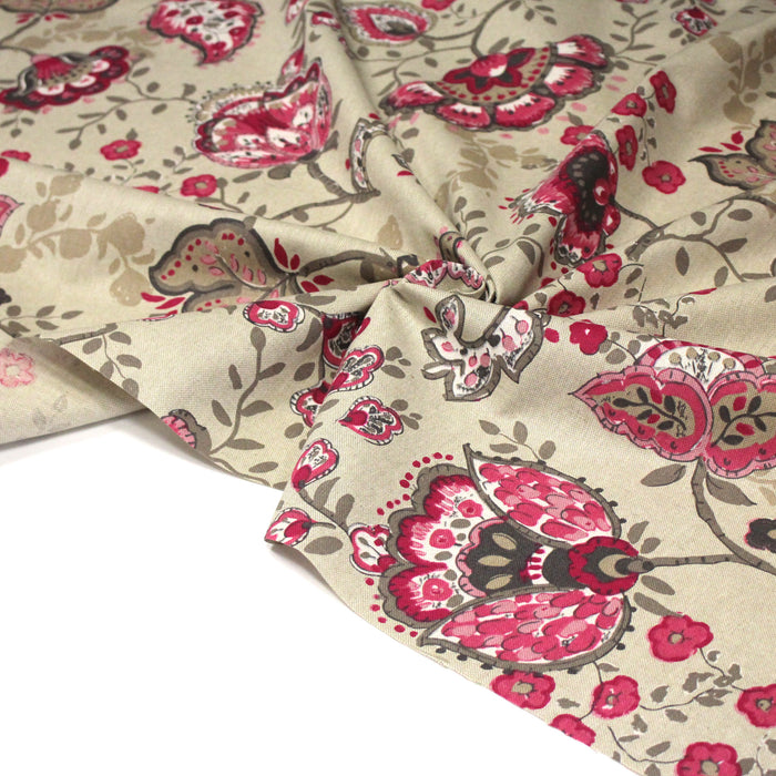 Tissu demi natté coton façon lin aux fleurs roses et taupe - COLLECTION KALAMKARI