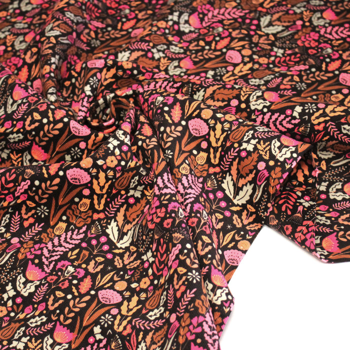 Tissu velours milleraies imprimé automnal, fleuri rose ocre corail - STANDARD 100 OEKO-TEX