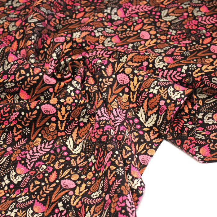 Tissu velours milleraies imprimé automnal, fleuri rose ocre corail - STANDARD 100 OEKO - TEX - TissusPapi.com