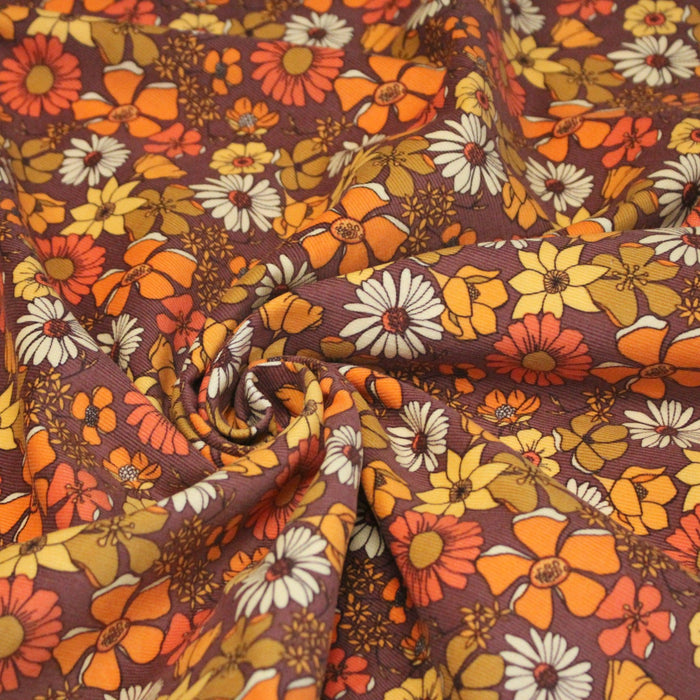Tissu velours milleraies imprimé Seventies, fleuri rouille & orange - STANDARD 100 OEKO - TEX - TissusPapi.com