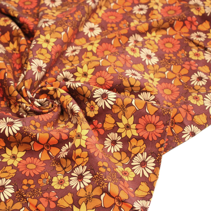 Tissu velours milleraies imprimé Seventies, fleuri rouille & orange - STANDARD 100 OEKO-TEX