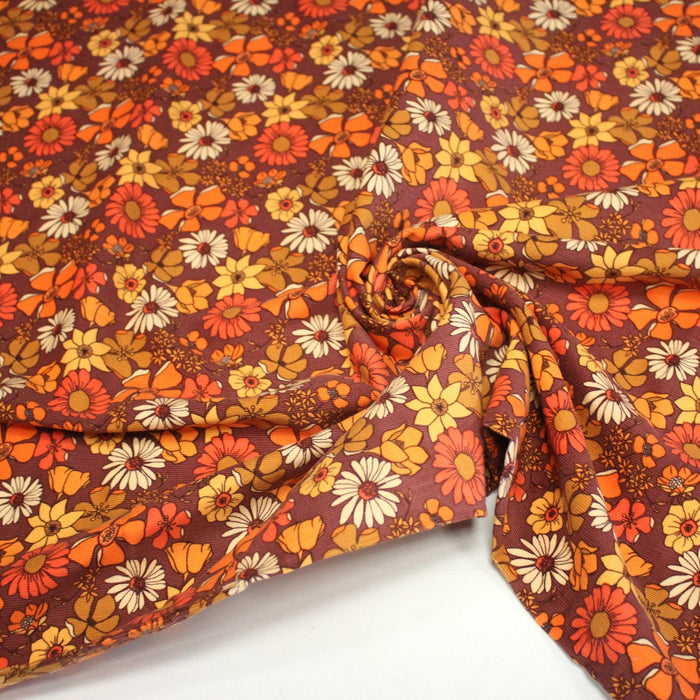 Tissu velours milleraies imprimé Seventies, fleuri rouille & orange - STANDARD 100 OEKO - TEX - TissusPapi.com