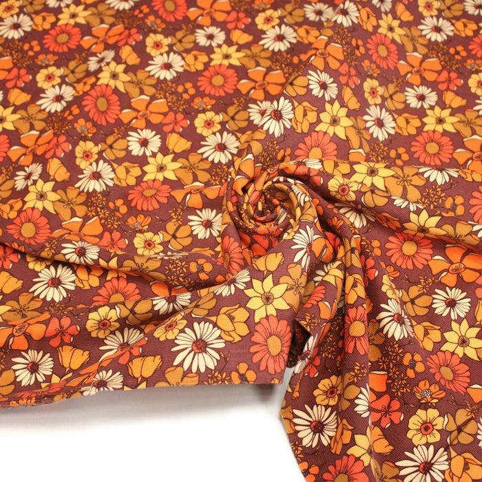 Tissu velours milleraies imprimé Seventies, fleuri rouille & orange - STANDARD 100 OEKO - TEX - TissusPapi.com