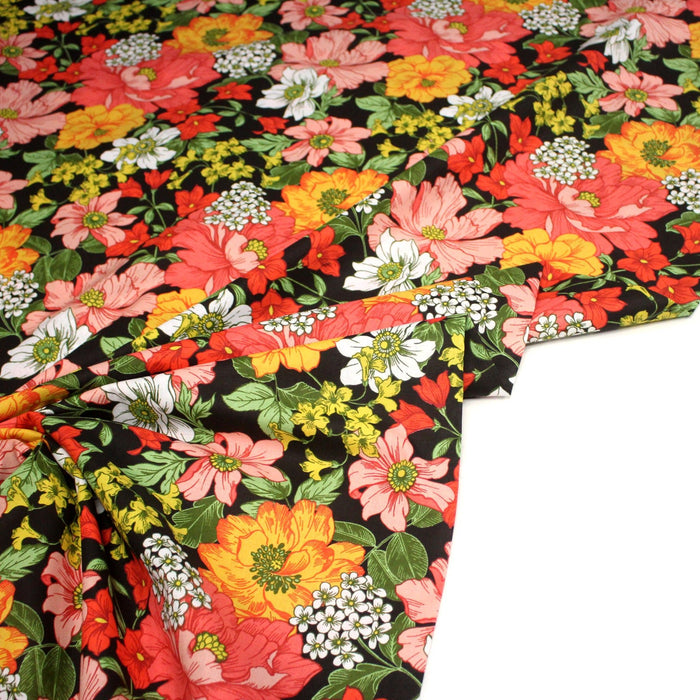 Tissu cotonnade noir aux fleurs multicolores - OEKO - TEX - TissusPapi.com