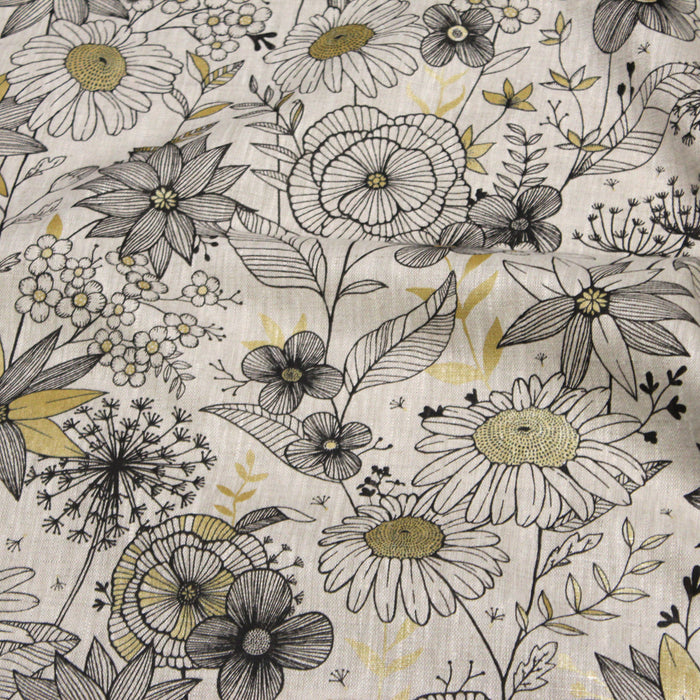 Tissu de lin imprimé aux fleurs et feuilles noires et or - COLLECTION FLORALE - Oeko-Tex