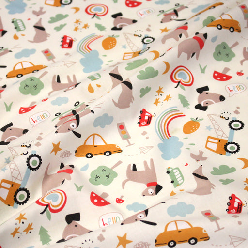 Tissu cotonnade enfant écru aux chiens, voitures, camions - STANDARD 100 OEKO - TEX - TissusPapi.com