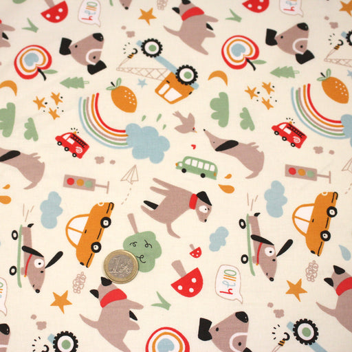 Tissu cotonnade enfant écru aux chiens, voitures, camions - STANDARD 100 OEKO - TEX - TissusPapi.com