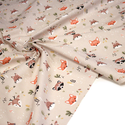 Tissu cotonnade enfant sable aux renards, cerfs et ratons laveurs - STANDARD 100 OEKO - TEX - TissusPapi.com