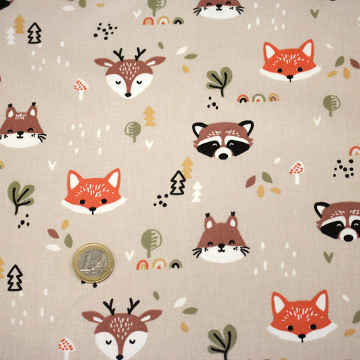 Tissu cotonnade enfant sable aux renards, cerfs et ratons laveurs - STANDARD 100 OEKO - TEX - TissusPapi.com