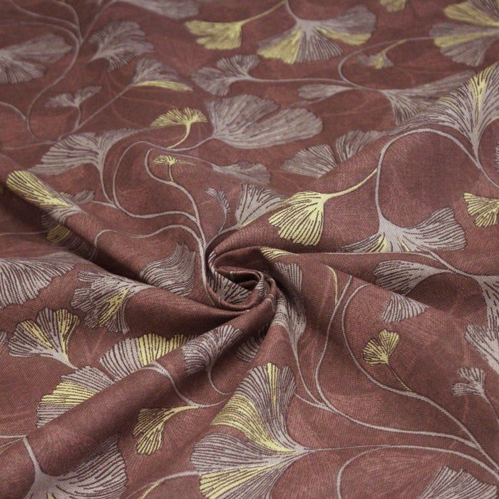 Tissu de coton demi natté motif traditionnel japonais aux feuilles de ginkgo, bordeaux & moutarde - OEKO-TEX