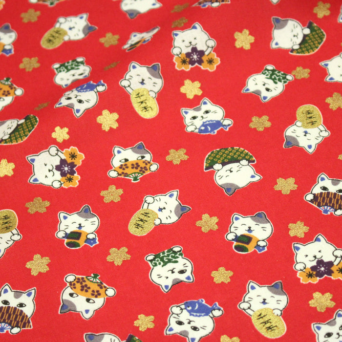 Tissu cotonnade aux chats japonais blancs & dorés : rouge ou bleu - COLLECTION JAPON DORÉ - TissusPapi.com