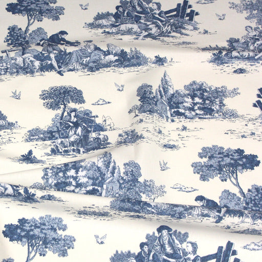 Tissu de coton Toile de Jouy traditionnelle française bleue, fond écru - COLLECTION VERSAILLES - TissusPapi.com