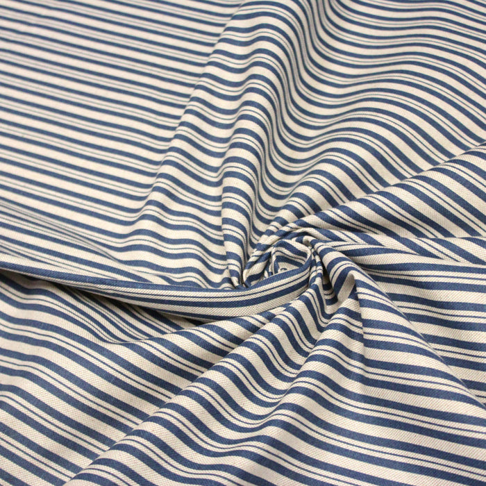 Tissu toile à matelas de coton aux rayures bleues, fond lin - COLLECTION VERSAILLES - TissusPapi.com