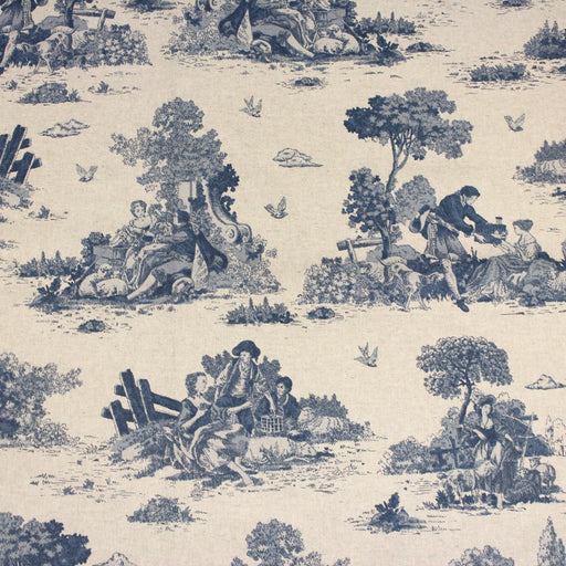 Tissu de coton Toile de Jouy traditionnelle française bleue, fond lin - COLLECTION VERSAILLES - TissusPapi.com