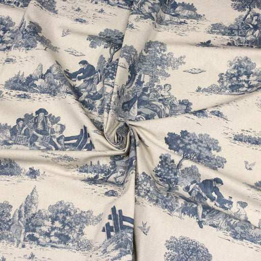 Tissu de coton Toile de Jouy traditionnelle française bleue, fond lin - COLLECTION VERSAILLES - TissusPapi.com