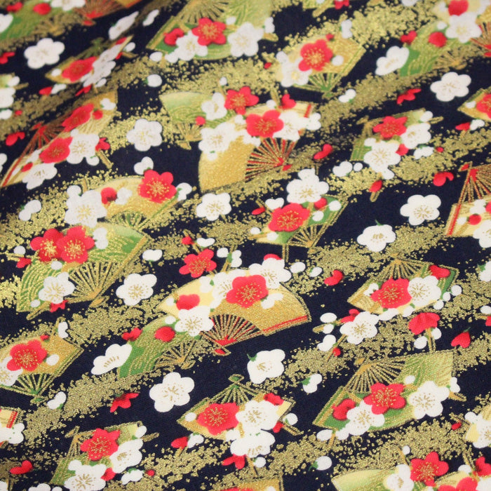 Tissu cotonnade éventails japonais dorés & fleurs sakura : bleu ou rouge - COLLECTION JAPON DORÉ - TissusPapi.com
