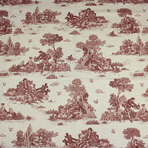 Tissu de coton Toile de Jouy traditionnelle française rouge, fond lin - COLLECTION VERSAILLES - TissusPapi.com